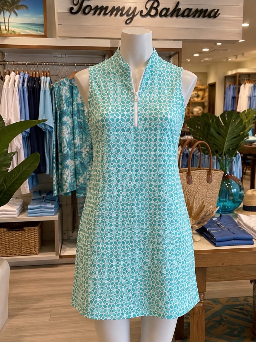 Tommy Bahama Sleeveless Mint Geo Print Mini Dress
